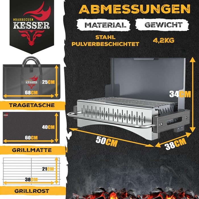 Складаний гриль KESSER, портативний кемпінговий гриль Вугільний гриль виготовлений зі сталі з порошковим покриттям, включаючи решітку для гриля, килимок для гриля та сумку для перенесення Складаний гриль, ідеальний для кемпінгу, пікніків та риболовлі, без