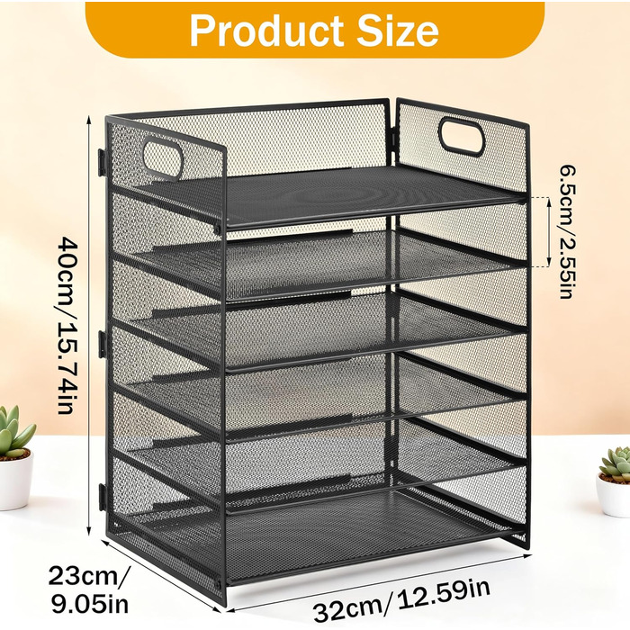 Металевий настільний органайзер, 6 відділень для листів та документів (A4), чорний, металевий настільний органайзер з ручкою, органайзер для шухляд 32x23x40 см, офісне приладдя для паперу A4, книг, журналів