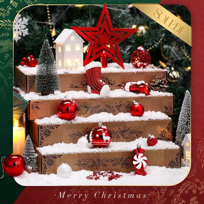 Набір із 128 предметів високоякісних червоно-білих пластикових різдвяних кульок із зірочкою-верхівкою SOLEDI