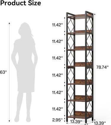 Ярусна книжкова полиця LITTLE TREE, полиця на одному місці, окремостояча полиця, вітальня, спальня, кабінет, 35 x 35 x 200 см, промисловий дизайн, вінтажний коричнево-чорний, 7-