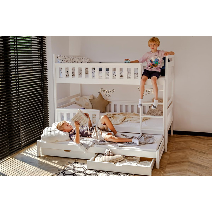 Дитяче колективне ліжко-горище 90x200 з висувним ліжком Двоярусне ліжко з висувною функцією, дві шухляди, решітчастий каркас, захи