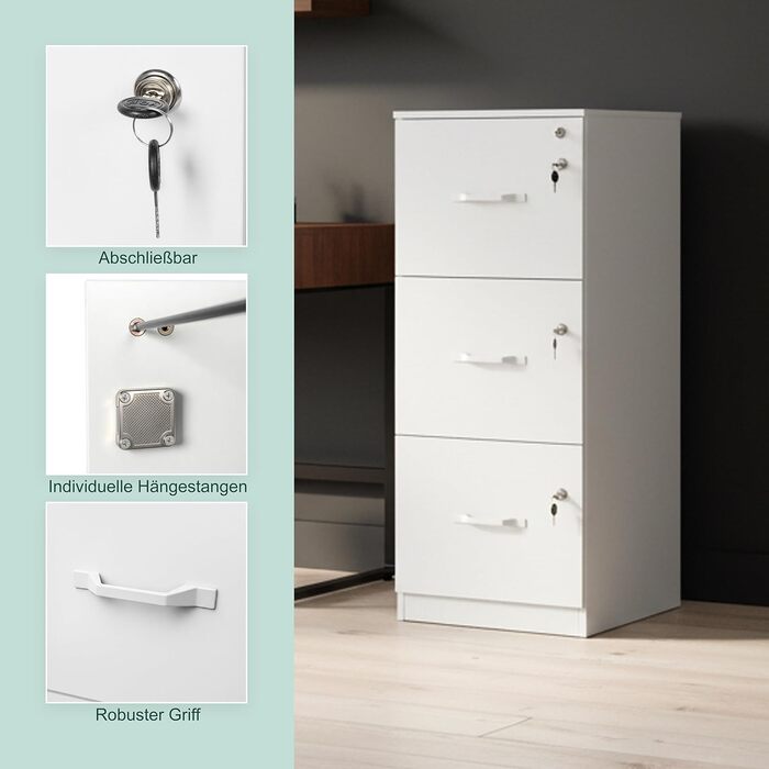 Картотечна шафа Relaxdays для підвісних файлів, 3 шухляди, що замикаються, ВxШxГ 103 x 40 x 40 см, підвісна картотечна шафа, біла