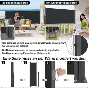 Розсувна бічна маркіза, екран для забезпечення конфіденційності, сонцезахисний козирок, вітрозахисна, водостійка поліестерова бічна рулонна штора з алюмінієвого настінного кронштейна для патіо, балкона, забезпечення конфіденційності (100x300 см, антрацит)
