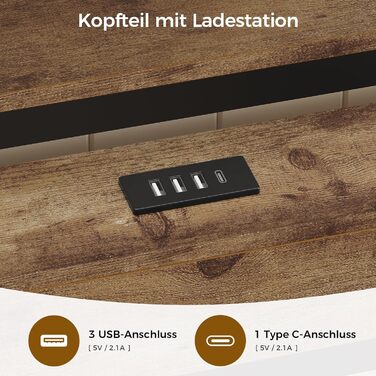 Ліжко 140x200 зі світлодіодним освітленням, каркас ліжка 140x200 з металевою рейковою основою, металеве ліжко з розеткою, дерев&39яне узголів&39я з 2 відкритими полицями, місце для зберігання речей під ліжком, спальня, вінтажний коричневий 140 x 200 см