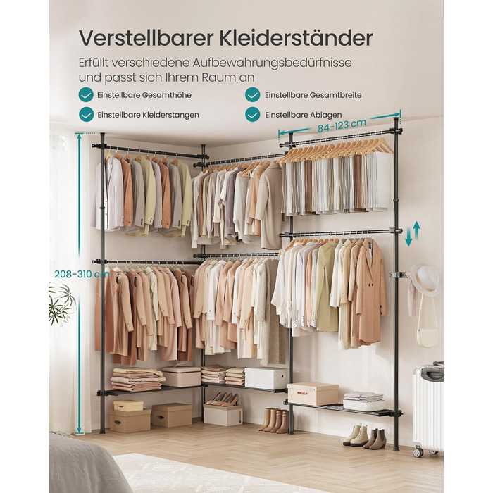 Телескопічна вішалка для одягу SONGMICS, 3-рівнева шафа, регульована по висоті та ширині, відкрита шафа з 6 шт. ангами для одягу та 3 знімними полицями, поручень, матово-чорний HSR155B01 3 ряди (240 Вт-353 Вт) см матово-чорний