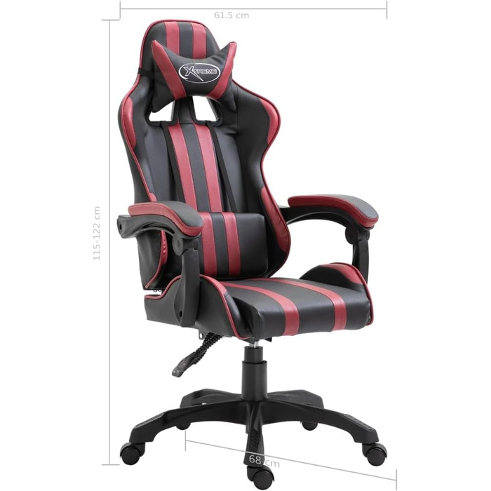 Геймерське крісло з бордової штучної шкіри з високою ергономічною спинкою, регулюванням висоти та поворотом на 360 градусів для оптимального положення сидіння, включаючи 5 нейлонових коліщаток для тихого руху. 30 x 18 x 5 см.