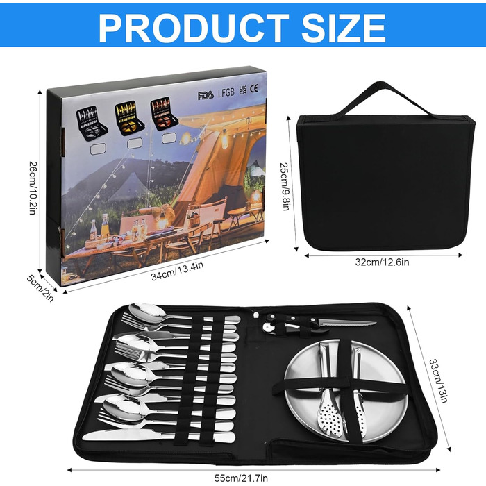 Набір столових приборів з нержавіючої сталі для кемпінгу на 4 особи, набір посуду для пікніка з 20 предметів з ложкою, виделкою, ножем, тарілкою, затискачем та відкривачкою для пляшок - Портативний набір столових приборів для кемпінгу та пікніків (Срібний