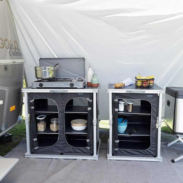 Кухня для кемпінгу Campart Toledo Легко складається 2 відділення з 3 полицями кожне 4 регульовані ніжки Антрацит KI-0758, задня, чорна 6 полиць чорного кольору