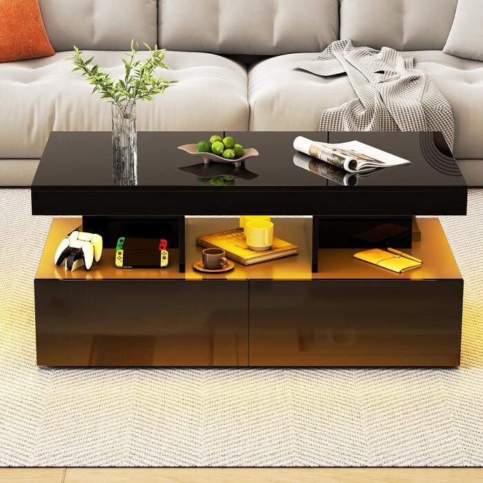Глянцевий журнальний столик зі світлодіодним освітленням, сучасний журнальний столик для вітальні, чорний журнальний столик з відкритою полицею та 2 шухлядами, прямокутний журнальний столик для вітальні, 104x53x46 см