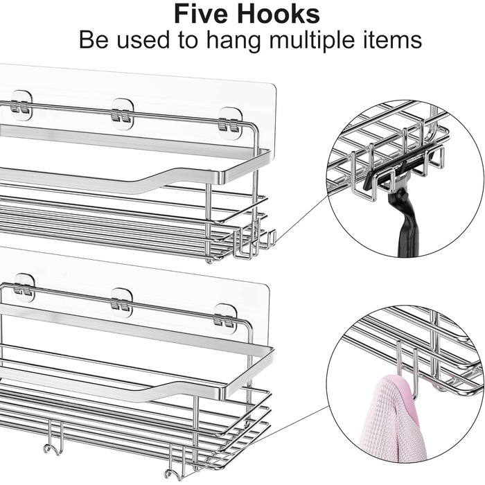 Душова полиця без свердління з нержавіючої сталі SUS304 з 5 гачками душові кошики для ванної кухні туалету 2 шт. и 2 шт. и 02-срібло