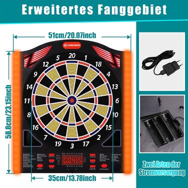 Професійний набір електронних дротиків WIN.MAX з лазерними маркерами лінії кидка/носка з німецьким голосом - підходить для батарейок/адаптерів для 1-8 гравців з 12 дротиками 2025 року - НОВИНКА - бічне освітлення