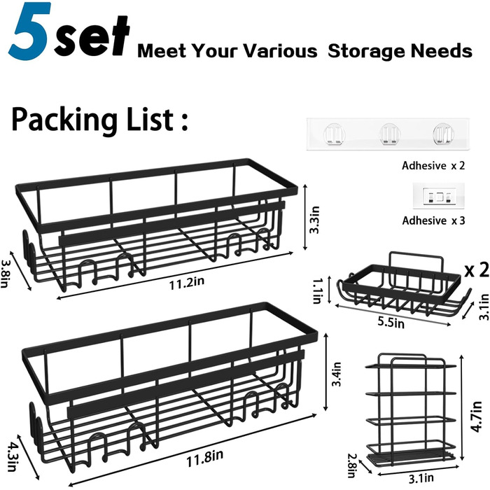 Піддони для душу 5 шт. , самоклеючий органайзер для душу для ванної, кухні та комори, без свердління, нержавіюча сталь, полички для душу з гачками, органайзер для ванної кімнати чорного кольору 5 шт.