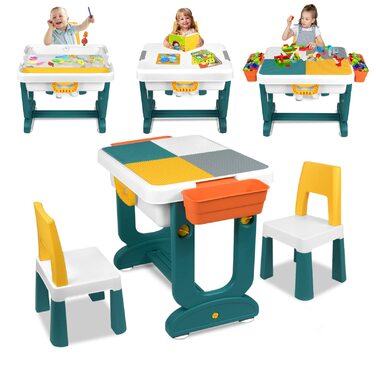 Дитячий набір столу та стільця 5-в-1 Дитячий стіл, стілець, ігровий стіл з 2 стільцями, двостороння стільниця, регульована висота, багатофункціональне місце для зберігання дітей, навчальні, ігрові, дитячі меблі, 63 x 47 x 56 см (блоки не входять до компле