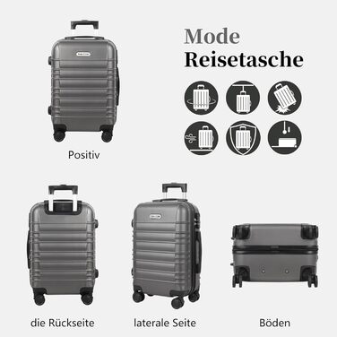 Ручна поклажа, 20-дюймова валіза з твердою оболонкою, візок, легка валіза на колесах з ABS-пластику, дорожня валіза з 4 колесами, 3-значний кодовий замок (темно-сірий, 41 л) Темно-сіра ручна поклажа (M)