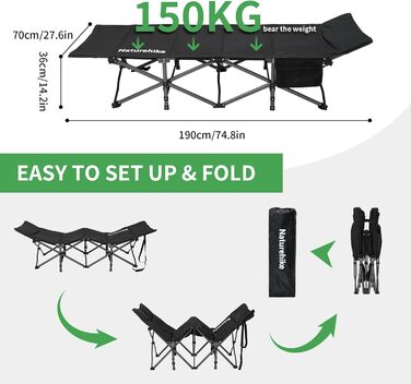Розкладне похідне ліжко Naturehike з подушкою, кемпінгове ліжко 190 x 70 x 48 см, включає стьобаний шар товщиною 3 см, вантажопідйомність дорожнього ліжка до 150 кг, портативне крісло-шезлонг