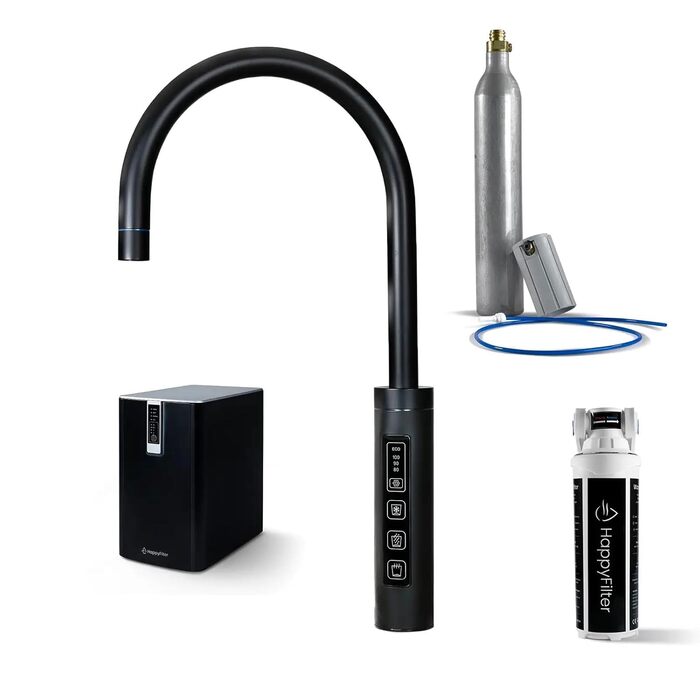 Чайник для виробництва газованої води HappyFilter FizzRed охолоджений шипучий кип'ятіння Сенсорний чорний змішувач 3в1 Фільтр від накипу Диспенсер для води Офіс Кухня Стаціонарне підключення до водопроводу Адаптер CO2 425 г 3 в 1 чорний 425 г CO2