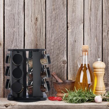 Підставка для спецій Relaxdays з 12 баночками для спецій, що можна багаторазово наповнювати, зі вставкою-шейкером, обертовою каруселью для спецій, нержавіюча сталь, чорна
