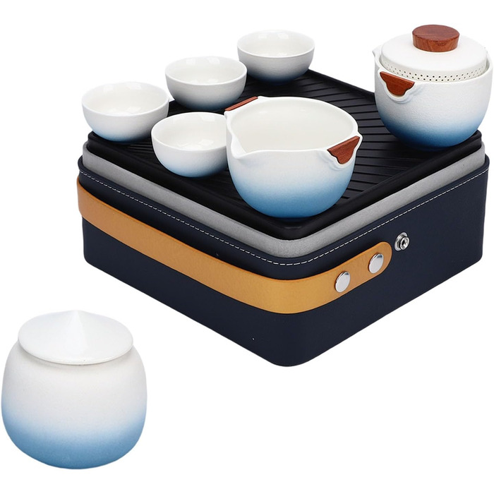 Похідний чайний сервіз Poenvfpo керамічний чайник для подорожей у шкіряній сумці-органайзері, ідеальний для автоподорожей та пікніків на природі