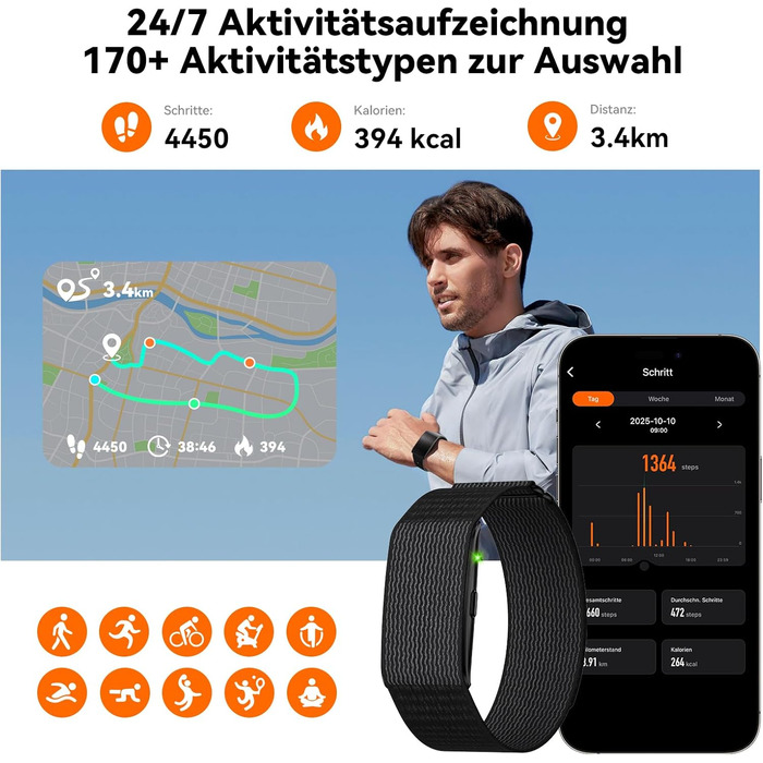 Фітнес-трекер для чоловіків та жінок без дисплея, смарт-браслет, цілодобовий відстежувач активності та сну з аналізом серцевого ритму та штучним інтелектом, 60-денний час роботи від батареї, понад 170 спортивних режимів, без підписки, чорний