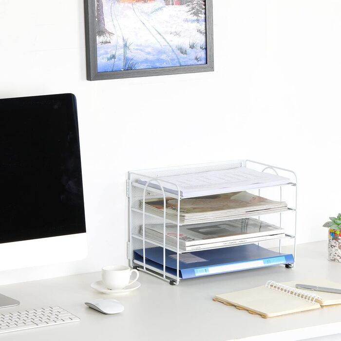 Металевий офісний органайзер EasyPAG з 4 відділеннями A4, тримач для документів, лоток для файлів, тримач для журналів, лоток для листів, органайзер для паперових журналів, білий