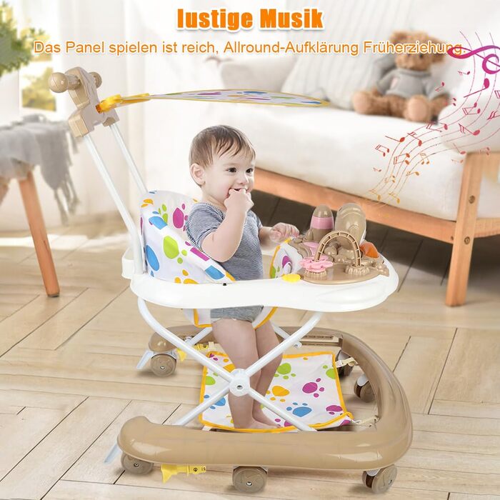 Складані дитячі ходунки Homewell 2-в-1 з сонцезахисним тентом та ручкою для штовхання, регульована висота в 5 положеннях, ходунки з музичною та активною дошкою, дитячі ходунки, діти 624 місяці (хакі)