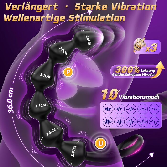 Вібруючий анальний плаг Tagnaff, з рідкого силікону, 36,5 см, 10 режимів вібрації, чорний