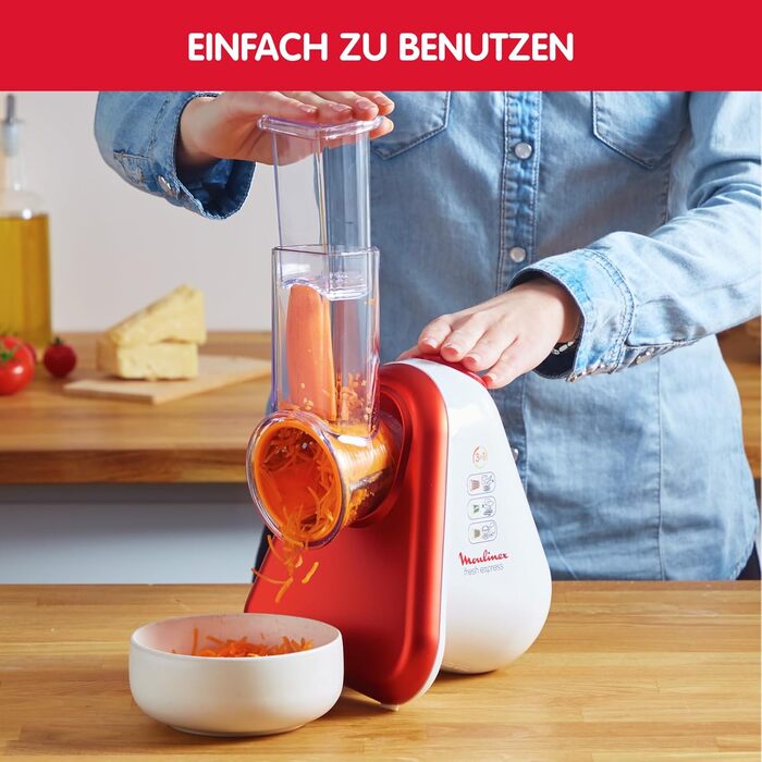 Електрична овочерізка Moulinex Fresh Express 3-в-1, 150 Вт, 3 насадки (дрібна тертка, шинкувач, тертка для сиру), Made in France, червоний/білий, DJ7535