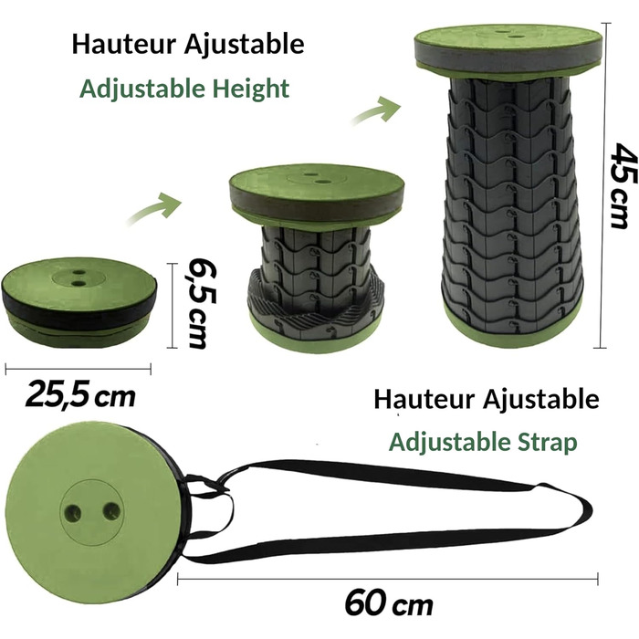 Складаний табурет Fishtec, розбірний і портативний - висувний, Ø 25, 5 x 44, см, ідеально підходить для використання на відкритому повітрі, кемпінгу, риболовлі, саду, барбекю, подорожей, максимальне навантаження 130 кг, на плиті, зелений / чорний