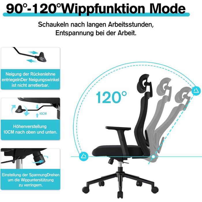 Ергономічне офісне крісло з регульованою поперековою опорою, 2D підголівником та підлокітниками, ергономічне офісне крісло з функцією нахилу 120, обертове крісло, офісні крісла 150 кг, чорні нейлонові колеса