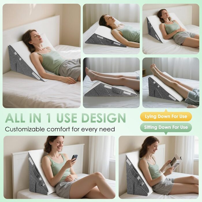 Клиноподібна подушка для ліжка - Регульована клиноподібна подушка для сну, подушка для читання з піни високої щільності для ліжка та дивана, ергономічна подушка для голови, клиноподібна подушка для ліжка, подушка для ніг/спинки для гри та читання