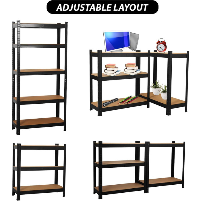 Високоякісний міцний стелаж, кріпильні елементи в комплекті, вантажопідйомність 875 кг, 5 регульованих, міцних полиць з МДФ для зберігання, підвалу, гаража, льоху, майстерні (чорний, 70x30x150 см)