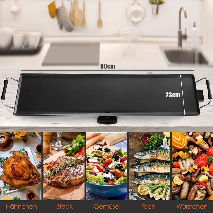 Електрична плита гриль 1800 Вт, електрогриль з антипригарним покриттям, 90 х 23 см, настільний гриль 5 рівнів з регулюванням температури, в т.ч. 6 невеликих дерев'яних скребків і 2 антипригарних кільця, барбекю та вечірки, 4LIFE