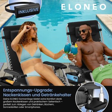 Складаний шезлонг ELONEO з преміальною подушкою, всепогодний шезлонг з вантажопідйомністю 200 кг, надзвичайно широкий садовий стілець, садовий шезлонг з регульованою спинкою, подушкою для шиї та тримачем для напоїв, антрацит