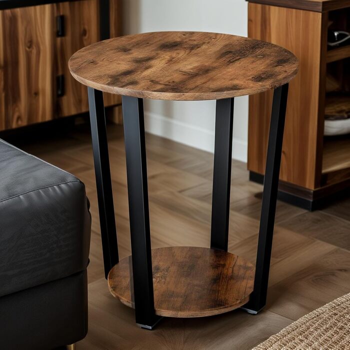 Журнальний столик, приставний столик, підставка для рослин, столик для вітальні, консоль для дивана, вузька тумбочка біля ліжка, маленький журнальний столик, сільський коричневий диванний столик з полицею, чорний металевий каркас, журнальний столик