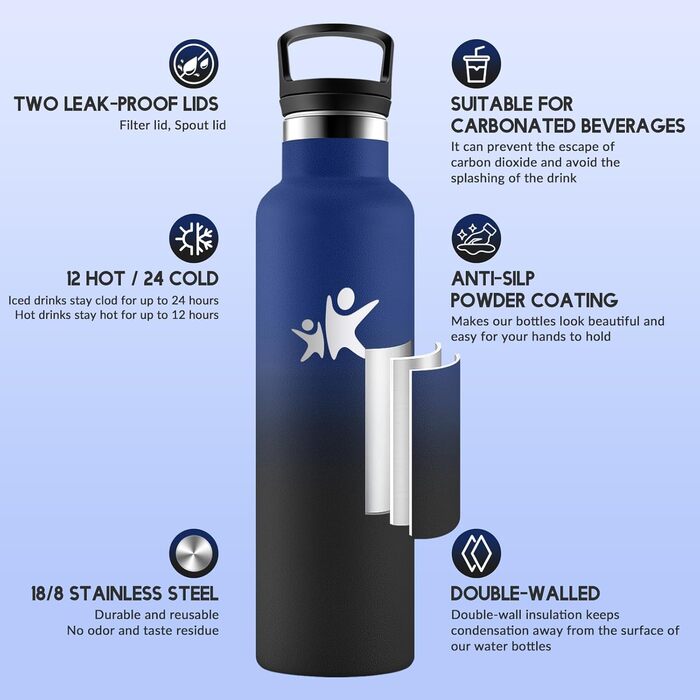 Пляшка для води HoneyHolly 750 мл без BPA з нержавіючої сталі, герметична двостінна ізольована пляшка з трубочкою, нержавіюча сталь 18/8, термос - морський зелений, світло-фіолетовий, темно-синій та чорний - 750 мл