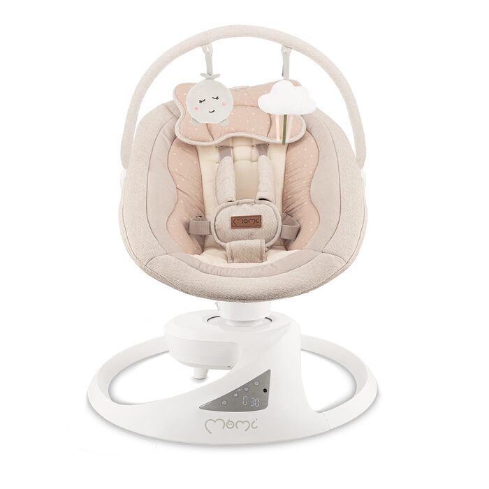Гойдалка для немовлят PEARL до 9 кг, обертання сидіння на 360, LED-панель, Bluetooth, пульт дистанційного керування, живлення від батарейок або мережі, блок живлення з USB-кабелем, 5-точковий ремінь безпеки, дуга з іграшками