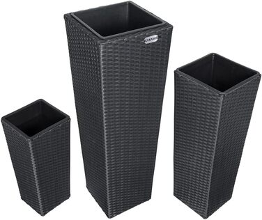 Набір із 3 квіткових горщиків Casaria, плетіння з поліратану, кашпо з водостічкою, вигляд ротанга, садове горщик для вулиці, квіткова коробка, чорний