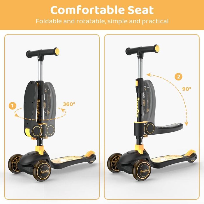 Дитячий самокат BremToy з сидінням, самокат зі світлодіодними колесами, дитячий самокат з регульованим по висоті кермом, складний