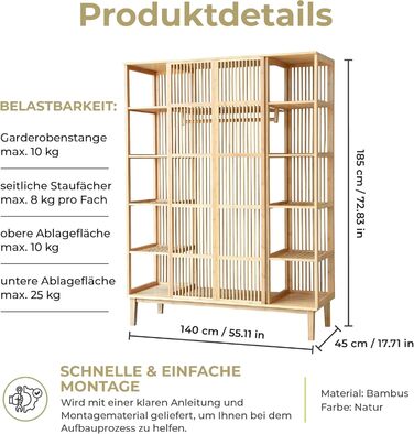 Вішалка для одягу Hudiksvall з рейкою для одягу, 2 двері, підставка для шафи, полиця для взуття, стояча шафа, 185 x 140 x 45 см, бамбукова шафа