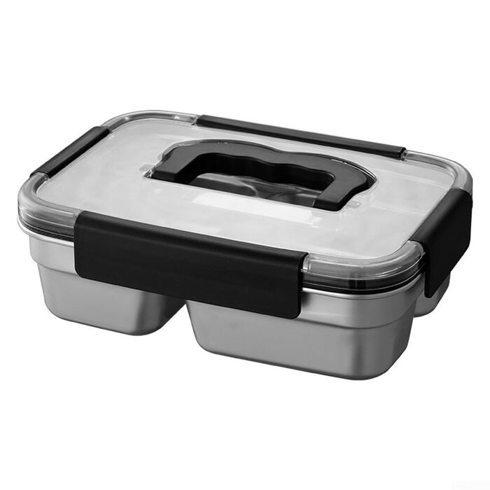 Ланчбокс з нержавіючої сталі, 1800 мл, з ручкою, герметичний, 3 відділення, придатний для використання в мікрохвильовій печі, контейнер для їжі для роботи, школи або пікніків (чорний)