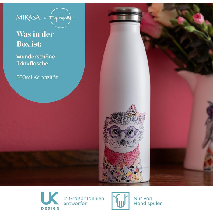Пляшка для води Mikasa Tipperleyhill, нержавіюча сталь, ізольована, для використання в дорозі, двостінна пляшка для пиття, зберігає напої гарячими протягом 12 годин і холодними протягом 18 годин, кумедна ілюстрація свині, лише ручне миття, 500 мл