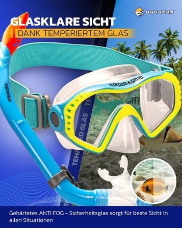 Дитячий комплект для підводного плавання AQUAZON Starfish - Маска для дайвінгу з надзвичайно зручною текстильною пов&39язкою на голову - 7-12 років - включаючи трубку, супер прозоре загартоване скло, синє