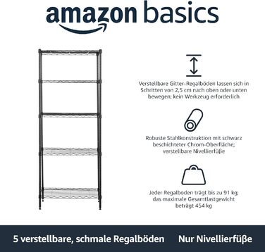 Вузька шафа для зберігання Storeo Basics з 5 полицями, регульованими по висоті полицями та ніжками, чорна, 60,1 x 35,6 x 152,4 см, без коліс Чорна 5 полиць 60,1 x 35,6 x 152,4 см Без коліс