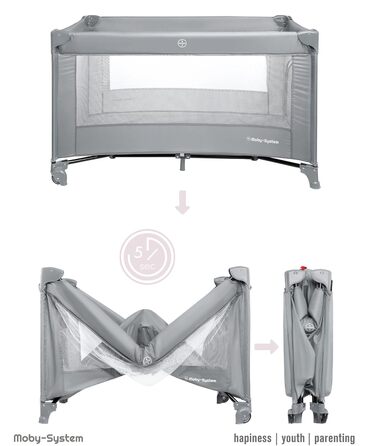 Дитяче ліжечко Moby-System 128x68 см Складане дитяче ліжечко з матрацом та сумкою для перенесення Манеж з боковим виходом для дітей вагою до 15 кг Сірий базовий