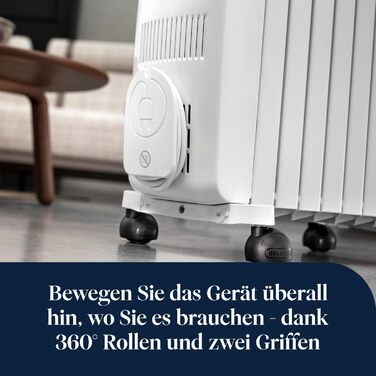 Масляний обігрівач De'Longhi Dragon EasyTronic (TRD50615) для приміщень до 45 м, електрообігрів з термостатом безпеки, 6 секцій, 12 рівнів температури, портативний, 1500 Вт, білий