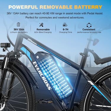 Електровелосипед EVERCROSS EK15 для дорослих, 27,5-дюймові електровелосипеди - додаток, двигун 250 Вт, акумулятор 36 В 13 Аг, 15/20/25 км/год, 7-ступінчаста коробка передач, міський електричний гірський велосипед для унісекс, чорно-синій