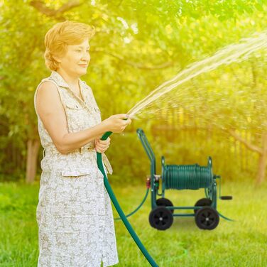 Садовий візок для шланга Relaxdays, до 60 м, 4 суцільні гумові колеса, швидке зєднання, металева бочка для шланга, зелений