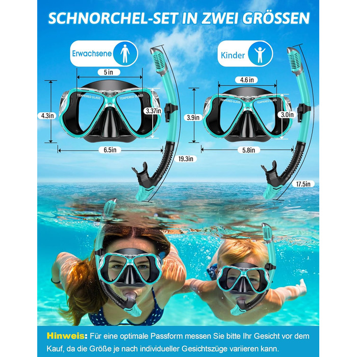 Набір для сноркелінгу QcoQce для дорослих, суха трубка з маскою для дайвінгу із загартованого скла із захистом від запотівання та протікання, панорамний вид та легке дихання для сноркелінгу та дайвінгу
