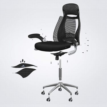 Офісне крісло SONGMICS, обертове крісло, крісло керівника з підголівником, складними підлокітниками, функцією гойдання, чорне OBN86BK