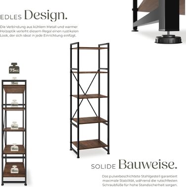 Книжкова полиця tectake Industrial Design, Відкритий стелаж з 5 полицями, Вінтажна окремостояча полиця із захистом від перекидання, Вузька полиця для офісу, вітальні, кухні, 47,5x34,5x151,5 см - Темне дерево в індустріальному стилі, Рустикальний темно-кор